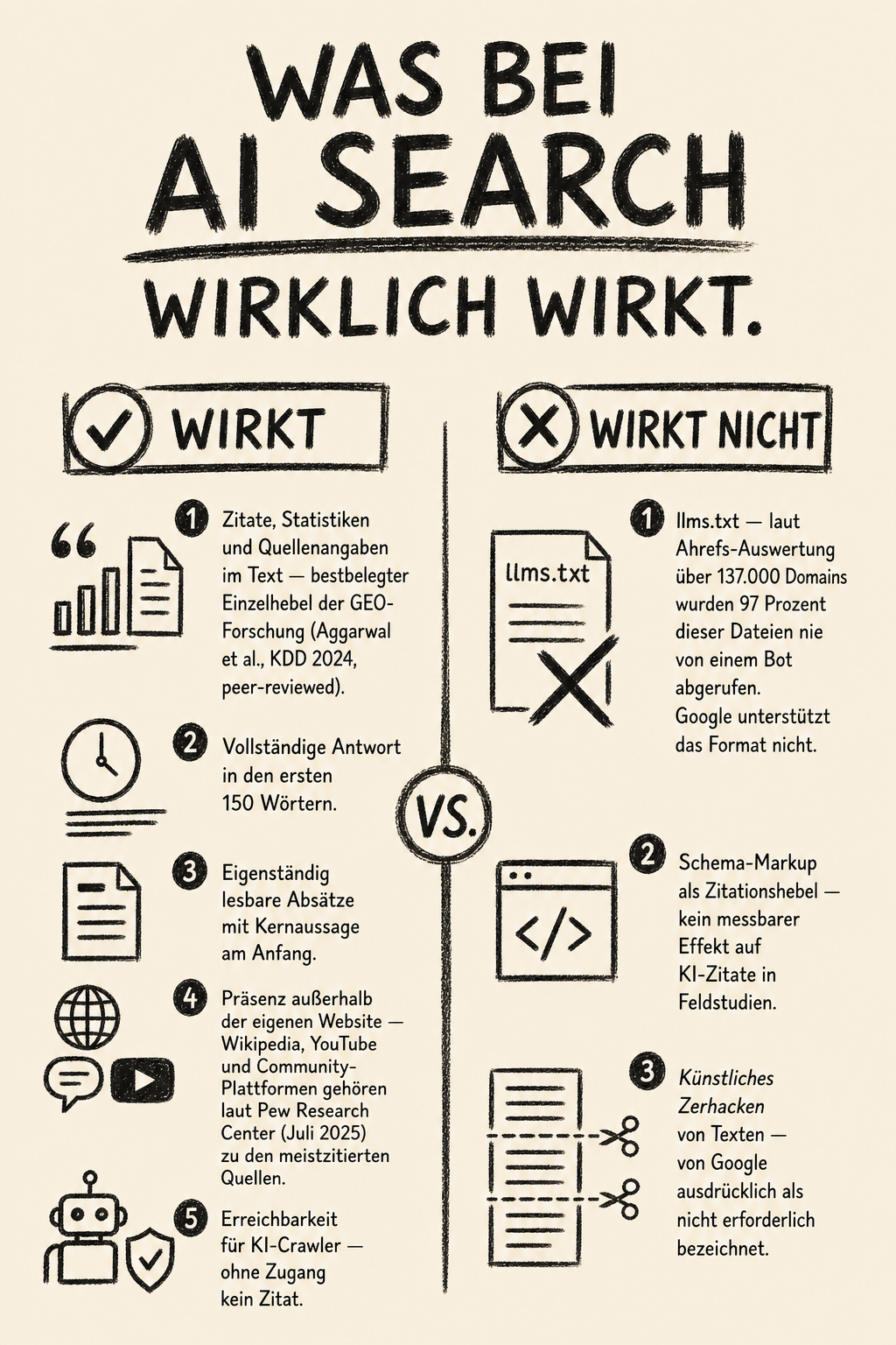 Infografik: Was bei AI Search wirklich wirkt – fünf belegte Maßnahmen gegen drei wirkungslose