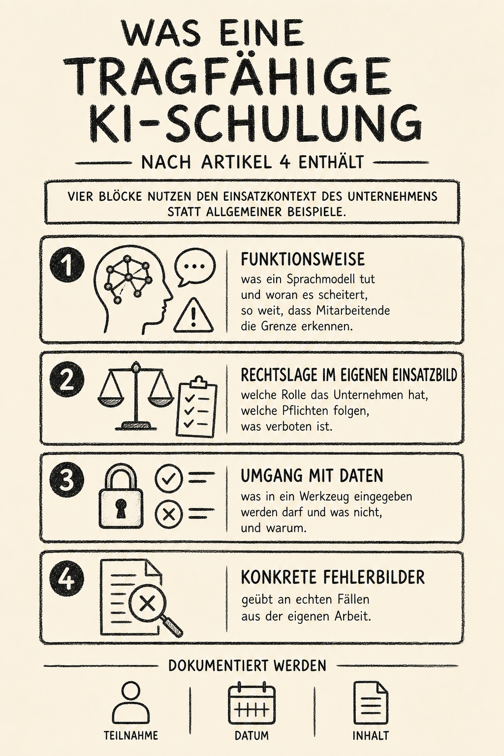 Infografik: Was eine tragfähige KI-Schulung nach Artikel 4 enthält, vier Blöcke