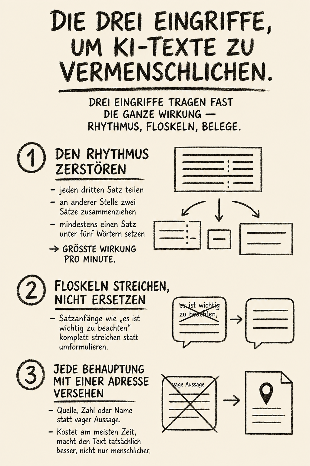 Infografik: Die drei Eingriffe, um KI-Texte zu vermenschlichen