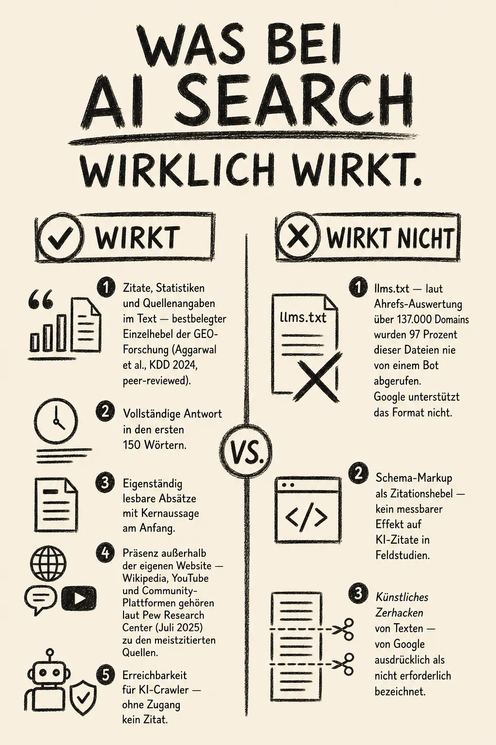 Infografik: Was bei AI Search wirklich wirkt – fünf belegte Maßnahmen gegen drei wirkungslose